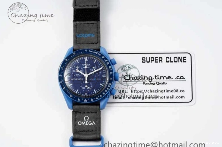 0206 ZipUp Speedmaster Misson To Neptune 1:1 Best Edition Blue Dial On Nylon Strap Quartz 7854
